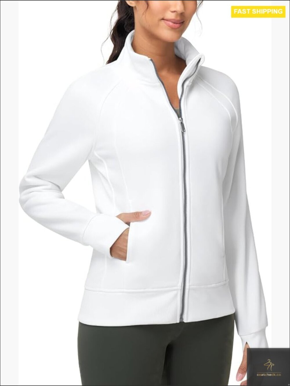 Full Zip Up Fleece Sweatshirt Stand Collar Thumb Hole Pockets Workout